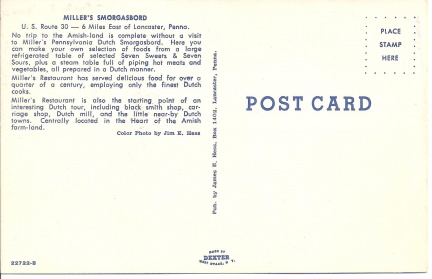Lancaster County, PA - Miller's Smorgasbord Postcard Reverse