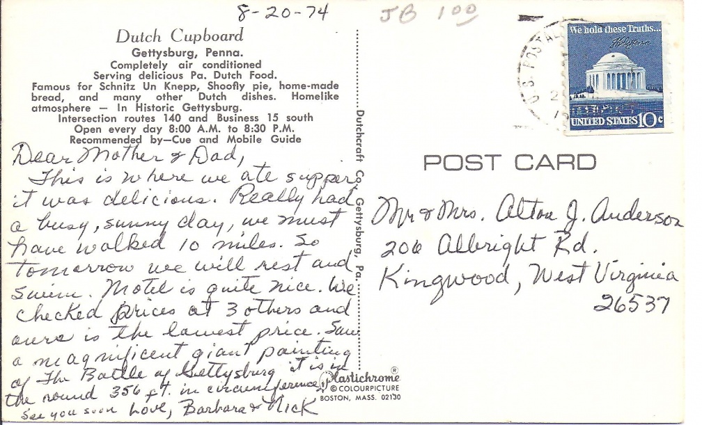 Gettysburg, PA - Dutch Cupboard Postcard Message