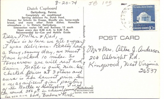 Gettysburg, PA - Dutch Cupboard Postcard Message